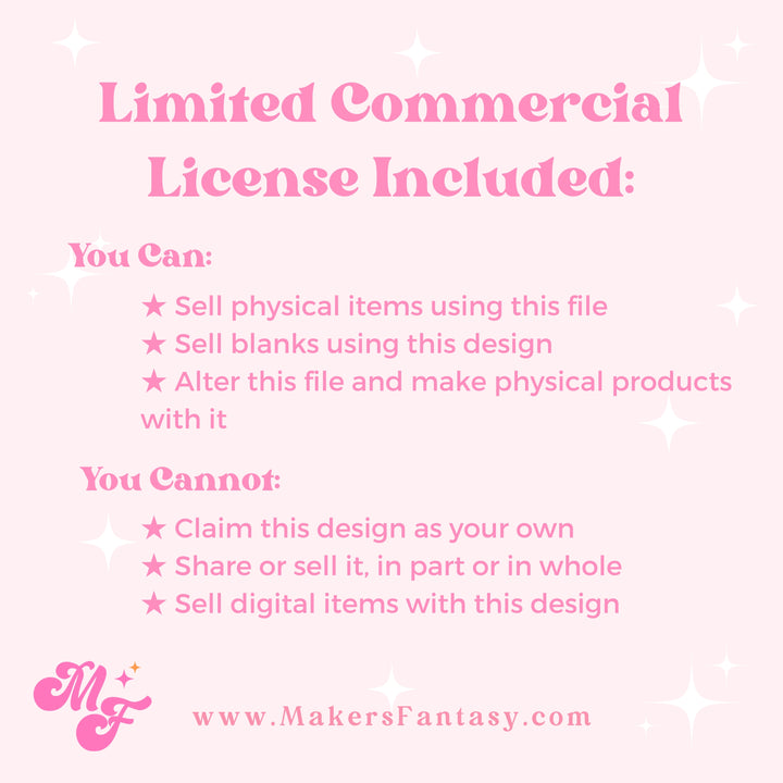 The image is a limited commercial license included sign, which outlines the terms and conditions for using the design. It includes information about selling physical items, altering the design, and making physical products with the design, as well as restrictions on claiming the design as one's own, sharing or selling it, and selling digital items with the design.