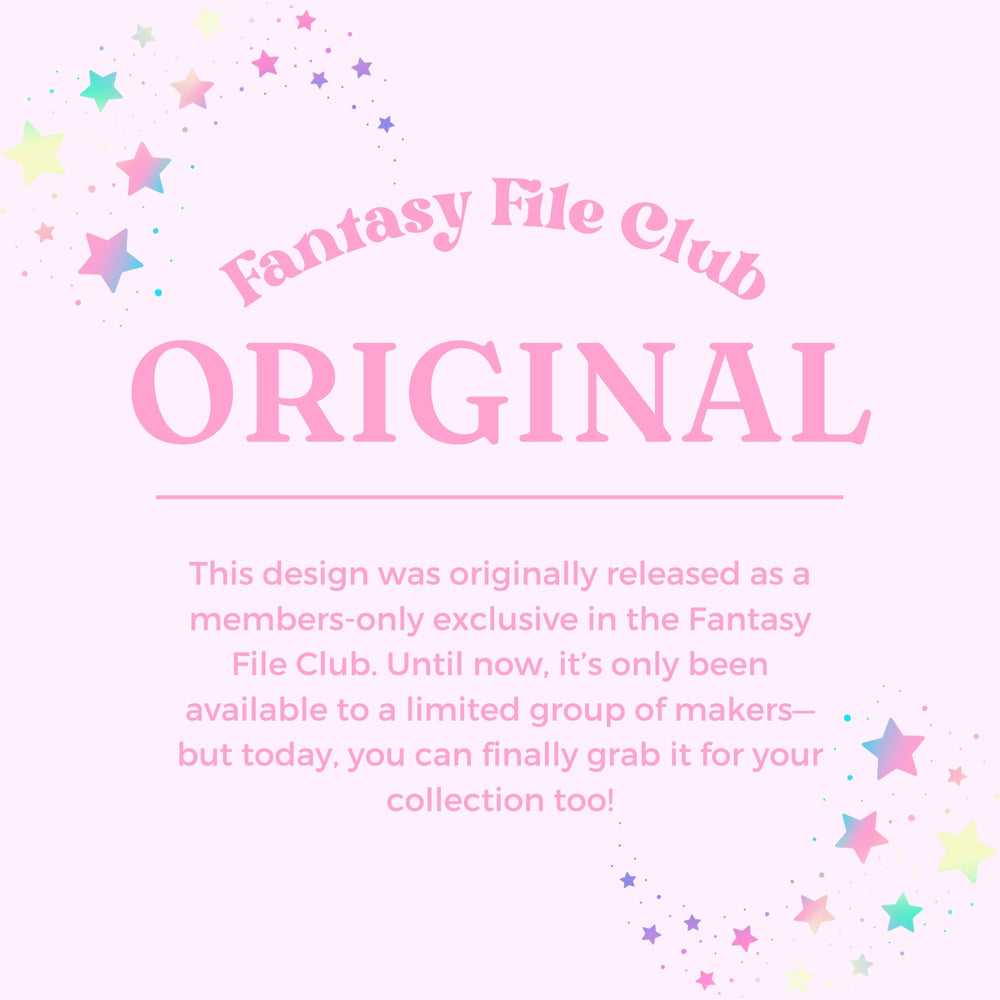 The image is a pink background with a limited number of stars scattered around it. The text in the image announces that the original design was released as a members-only exclusive in the Fantasy File Club, and it is now available to a limited group of makers. The text also encourages people to grab the design for their collection today.