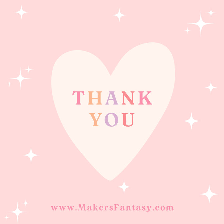 a heart-shaped graphic with the text "THANK YOU" in the center, surrounded by white stars against a pink background.